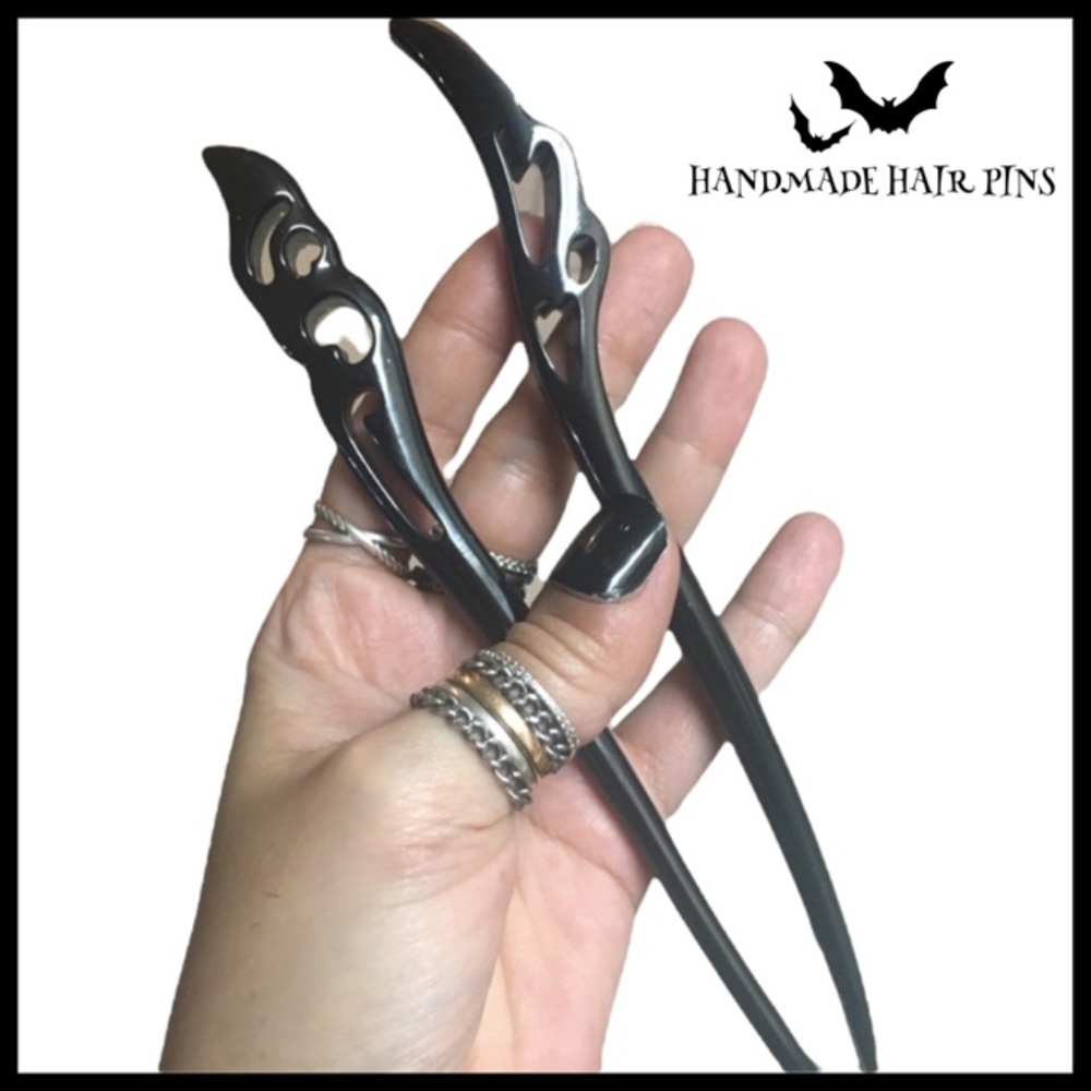 Sale ! 2 black pins for $25 Handmade Hair Pins black epoxy - Picture 2 of 7